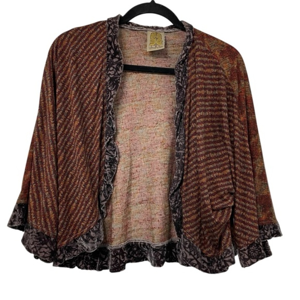 URU KRISTINE ST. RRIK Boho Mixed Rust Brown Open-Front Cardigan with Velvet Trim